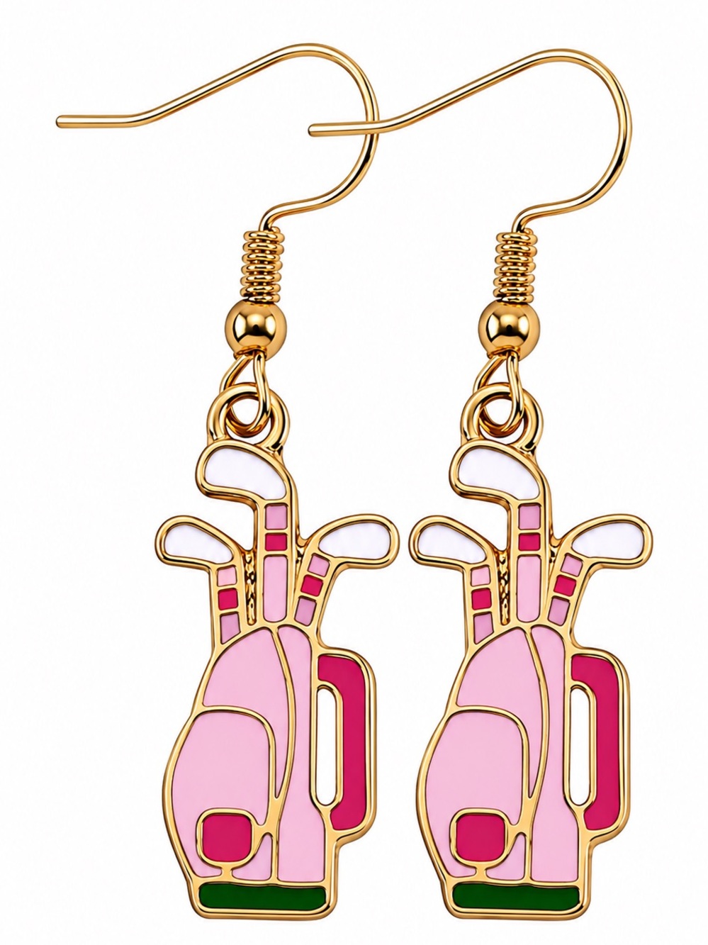 π Pink Golf Bag Dangle Earrings β Gold Tone Enamel Golf Lover Jewelry β³
